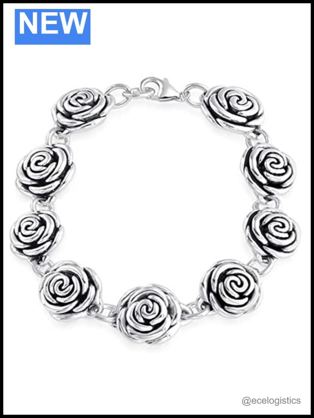 925 Sterling Silver Italian Rose Link Chain Bracelet 7.5in Flower